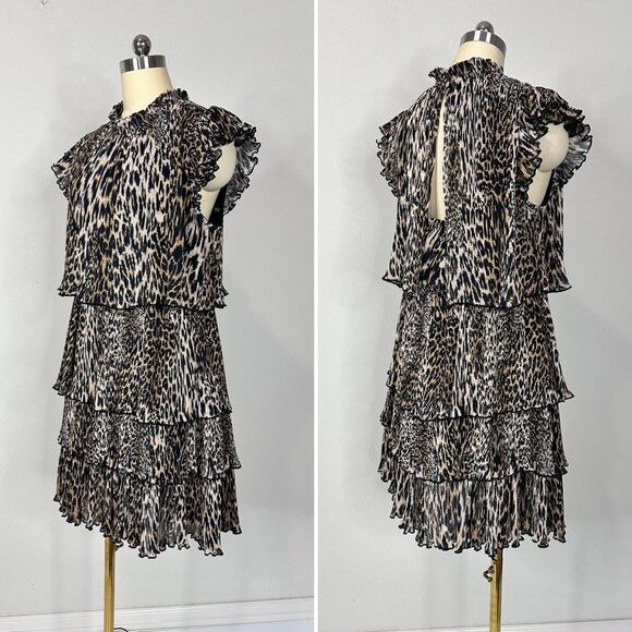 AllSaints Antheia Kiku Plissé Leopard Print Dress US10 Tiered Ruffle Rocker Chic - Picture 7 of 14